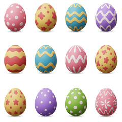 A collection of twelve colorful easter eggs with various patterns arranged on a white background surface