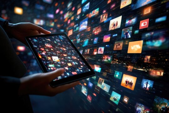 Hands holding tablet displaying a vast array of images and videos, overlaid with a digital wall of similar content