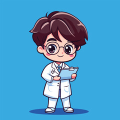 Cartoon doctor with round glasses holding a blue clipboard wearing a white coat