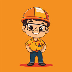 Cartoon Engineer Boy with Orange Hard Hat Glasses and Yellow Shirt