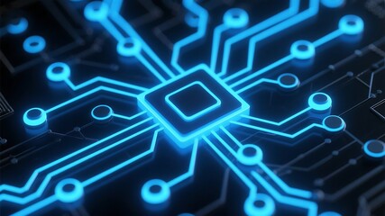 Obraz premium Glowing blue circuits and central processing unit symbolize modern digital technology processing