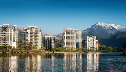 Obraz premium View of modern apartment buildings seen from a beautiful lake with mountains in the background