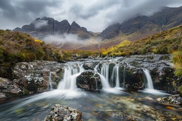 Obraz premium Scenic waterfall cascading through rocky terrain with mountains under a cloudy sky