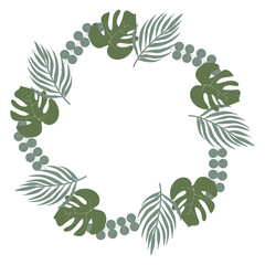 Round tropical wreath with lush jungle foliage. Suitable for invitations, covers, banners, and greeting cards. Vector art of tropical leaves and plants
