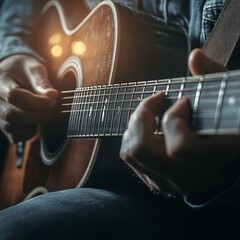 Fototapeta premium Close-up of hands playing acoustic guitar strings in warm indoor light