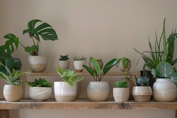 Shelf with potted plants including monstera succulents aloe and more indoor decor