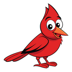 Cartoon cardinal bird cheerfully stands with its bright red feathers against white background