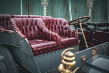 Interior of a historic, veteran car on a car show event in Brighton, East Sussex, UK