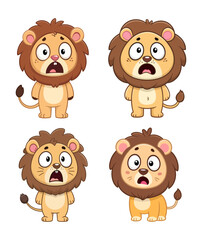 Set of four surprised cartoon lion cubs with expressive big eyes and open mouths, featuring detailed manes and cute facial emotions