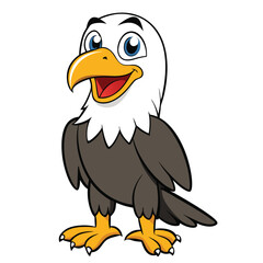 Smiling cartoon bald eagle stands cheerfully with yellow beak and feathered body