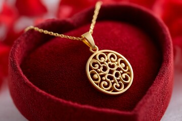 Gold scroll pendant resting in heart box