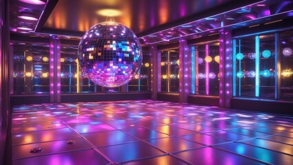 Vibrant disco dance floor with colorful lights and a reflective mirror ball in a modern nightclub setting