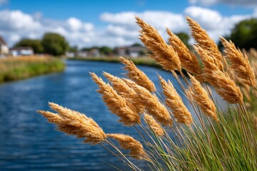 Golden reeds by tranquil waterway azure sky