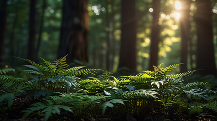 Obraz premium Forest ferns illuminated by sunlightForest ferns illuminated by sunlight