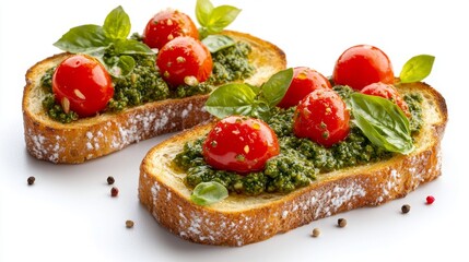 Delicious appetizer bruschetta pieces featuring crusty bread topped generously with vibrant green pesto, sweet red cherry tomatoes, and fresh basil.