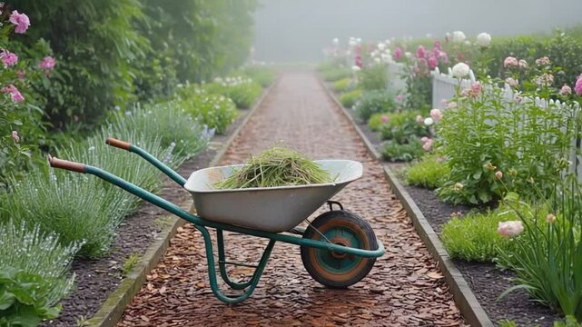 Wheelbarrow with garden weeds.