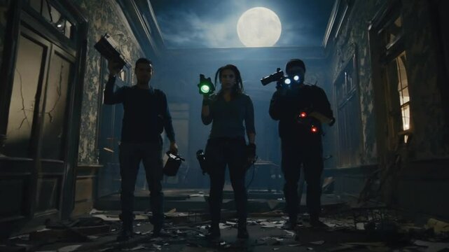 Group of ghost hunters in a haunted house.