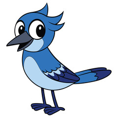 Cheerful cartoon blue jay with a spiky head is standing with wide eyes
