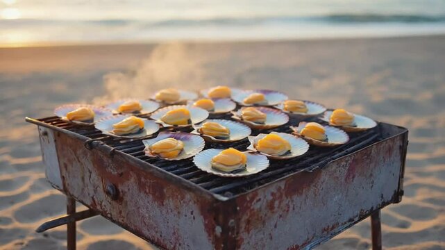 Cooking scallops on the beach.