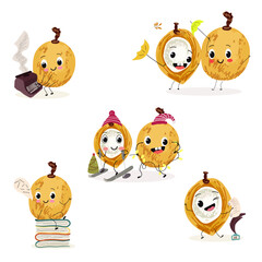 Pitomba fruit cute funny cheerful characters with different poses and emotions. Vector hand drawnvector illistration.