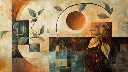 Abstract composition of shapes and foliage in earthy tones.