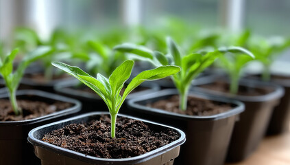 Close-up of seedling sprouting in black pot with soft background
