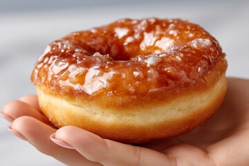 Handheld glazed donut glistens invitingly