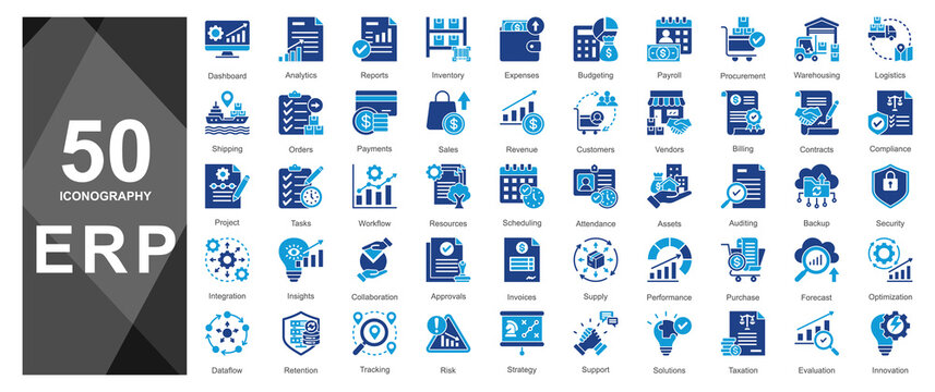 Blue duotone glyph icons for ERP business systems and dashboards.