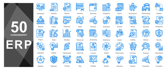 Solid blue icons for ERP software and enterprise tools.          
