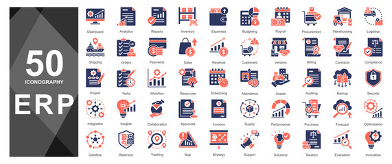 Vibrant orange duotone ERP glyph icons for dashboards.           