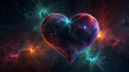 A cosmic nebula in the shape of a heart, filled with vibrant Pride colors, stars shining within, outer space scene.