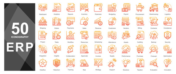 Orange gradient line icons for ERP and finance tools.            