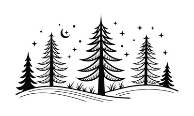 Obraz premium Stylized Pine Tree Illustrations, Unique Black & White Graphic Art Collection