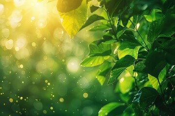 Sunlight filtering through vibrant green leaves creating a bokeh effect Nature's beauty