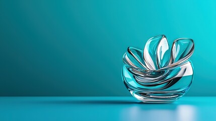   A glass vase sits on a blue table adjacent to a light-blue wall and a blue wall in the background