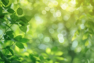 Naklejka premium Sunlight filters through lush green leaves creating a bokeh effect and serene mood