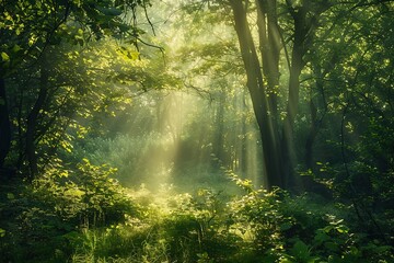 Obraz premium Sunlight streams through a vibrant dense forest canopy illuminating the verdant ground