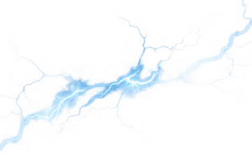 Powerful electric lightning bolt with bright blue energy striking across isolate on transparent background, PNG