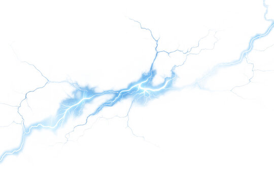 Powerful electric lightning bolt with bright blue energy striking across isolate on transparent background, PNG