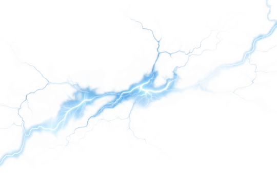 Powerful electric lightning bolt with bright blue energy striking across isolate on transparent background, PNG
