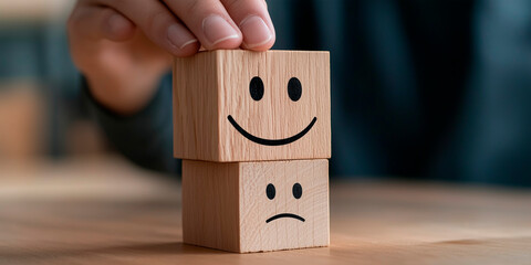 Changing Mood Concept with Wooden Blocks Showing Happy and Sad Faces

