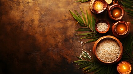 Elegant arrangement of rice and candles on a textured surface.