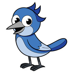 Cartoon blue jay with comical eyes is standing and appearing joyous