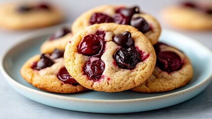 A cookie plate featuring cherries on top and chocolate chips below