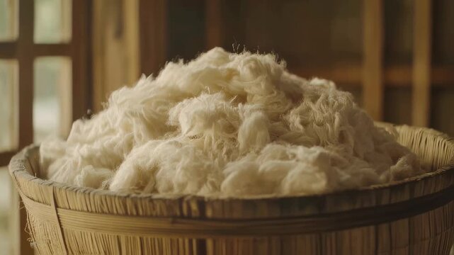 Raw Cotton Fibers in a Rustic Wooden Basket