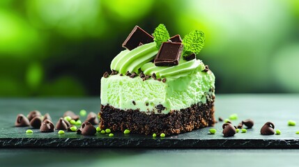   A cake perched atop a dark plate, green frosted and adorned with mint sprinkles