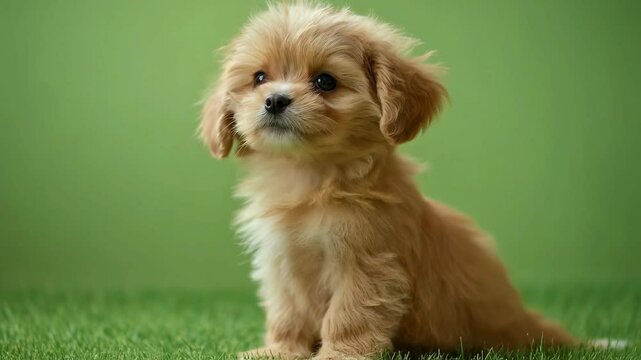 Adorable Fluffy Cavapoo Puppy on Green Background