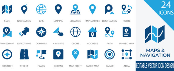 A detailed vector icon set focused on maps, navigation, and location tracking. Includes essential icons like GPS, compass, map pin, route, globe, and address.