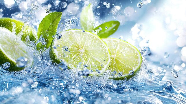   A pair of limes resting atop a blue water mound with a nearby splash of water - Powered by Adobe
