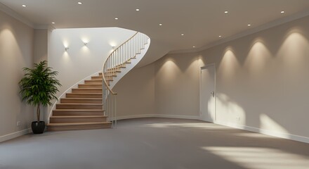 Obraz premium Empty modern house interior features an empty room with a wooden staircase design